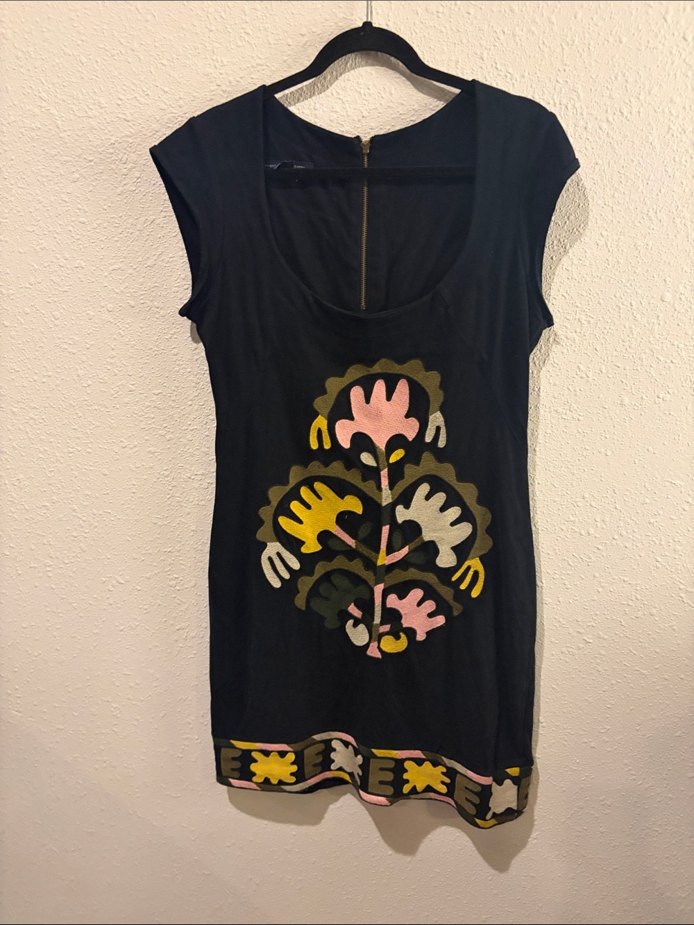 French Connection Black Mini Dress with Pink, Yellow & Olive Appliqué